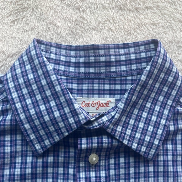 Cat and Jack boys long sleeved plaid purple and white button down size Large EUC - Picture 2 of 4